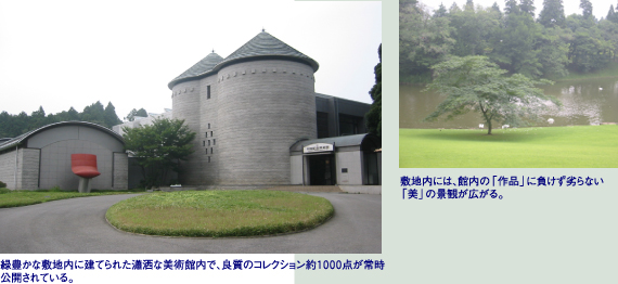 緑豊かな敷地内に建てられた瀟洒な美術館内で、良質のコレクション約１０００点が常時公開されている。/敷地内には、館内の「作品」に負けず劣らない「美」の景観が広がる。